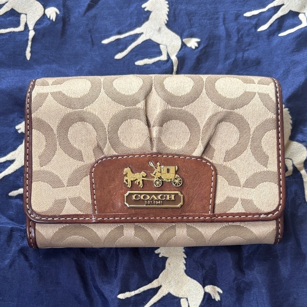 Coach Signature C Khaki Jacquard Canvas Brown Leather Trim Card Organizer Wallet